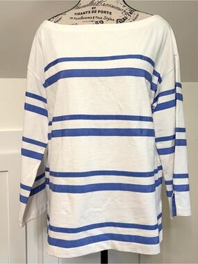 Tory Burch White Blue Breton Stripe Ribbon Boatneck Top Coastal Sz L